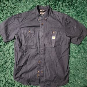 Carhartt Navy Short Sleeve Button Up Work Shirt Relaxed Fit XL Rugged Flex